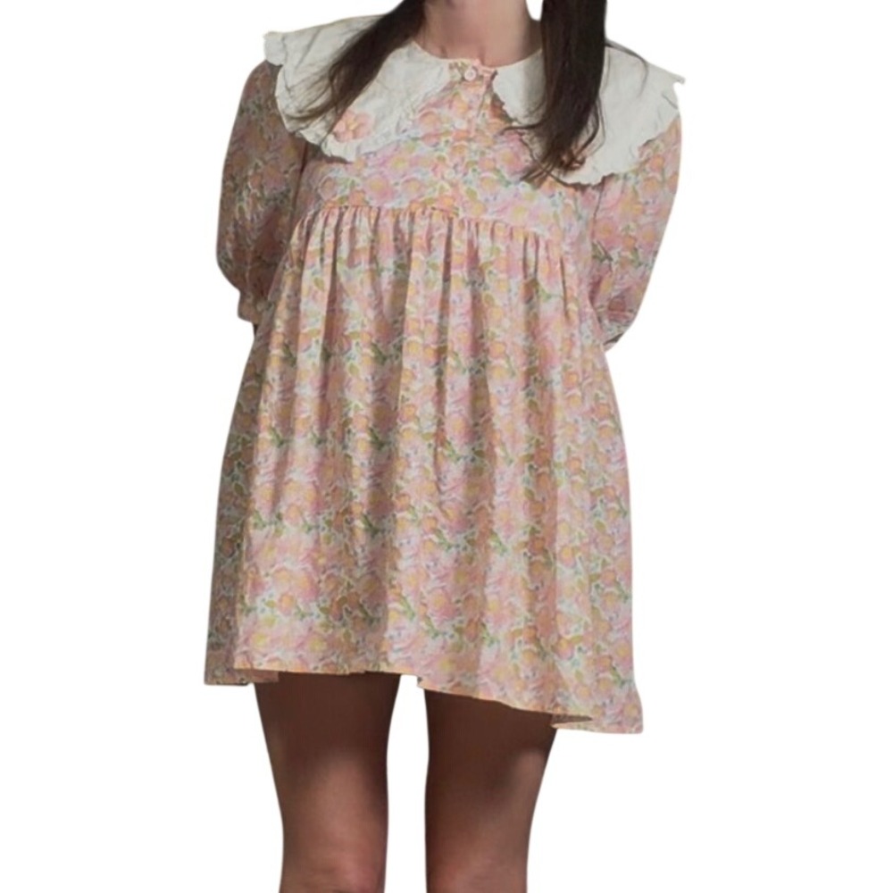 Vintage Cottagecore Babydoll Dress Pink Floral Peter Pan Collar Cotton Coquette